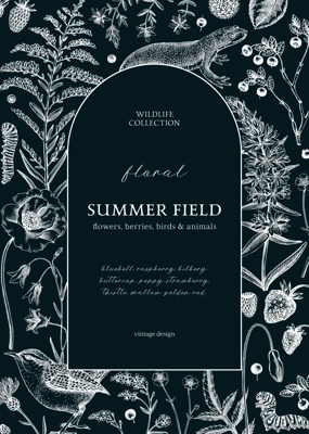 Floral frame design on chalkboard. Vintage summer background. Wildlife sketches. Wildflowers botanical illustration. Hand-drawn field flowers, birds, and animals for wedding invitation, decoration.